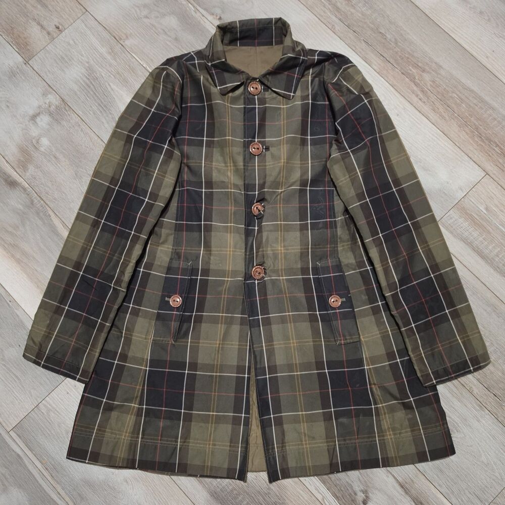 Barbour Derby Reversible Waterproof Mac US 8 / UK 12 Beige Tartan Jacket Coat